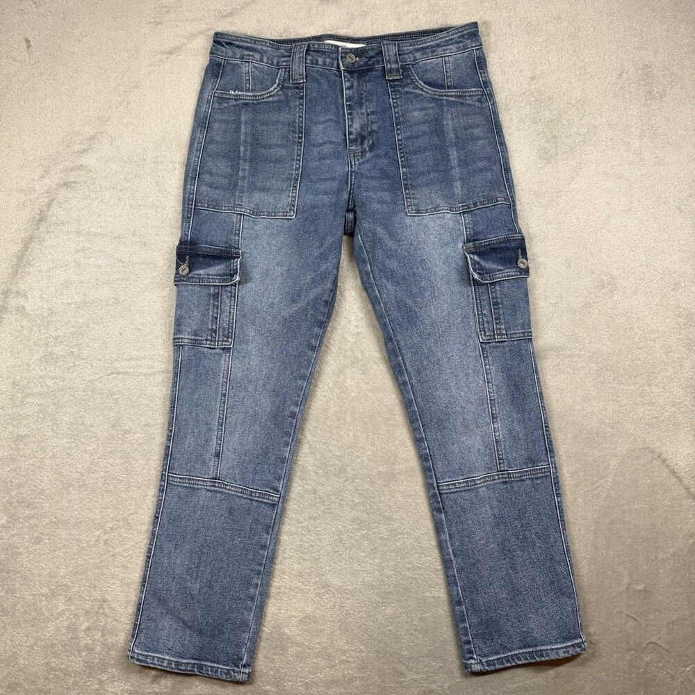 KanCan Jeans Women's 9/28 Blue Medium Wash Avery High Rise Cargo Pocket Casual